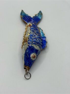 VTG Blue and Gold Tone Enamel Cloisonne Articulated Koi Fish Pendant 4”